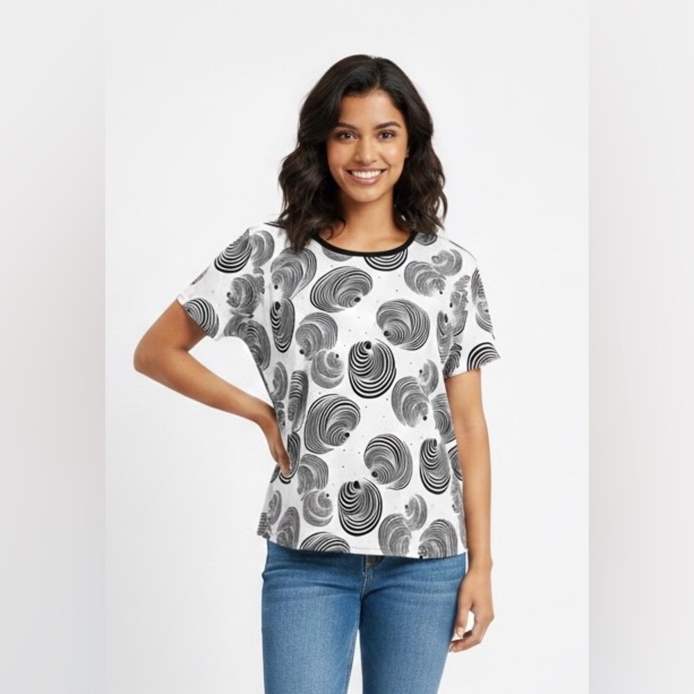 Black and white swirl pattern short sleeved blouse, shiny sequin, black trim, XL